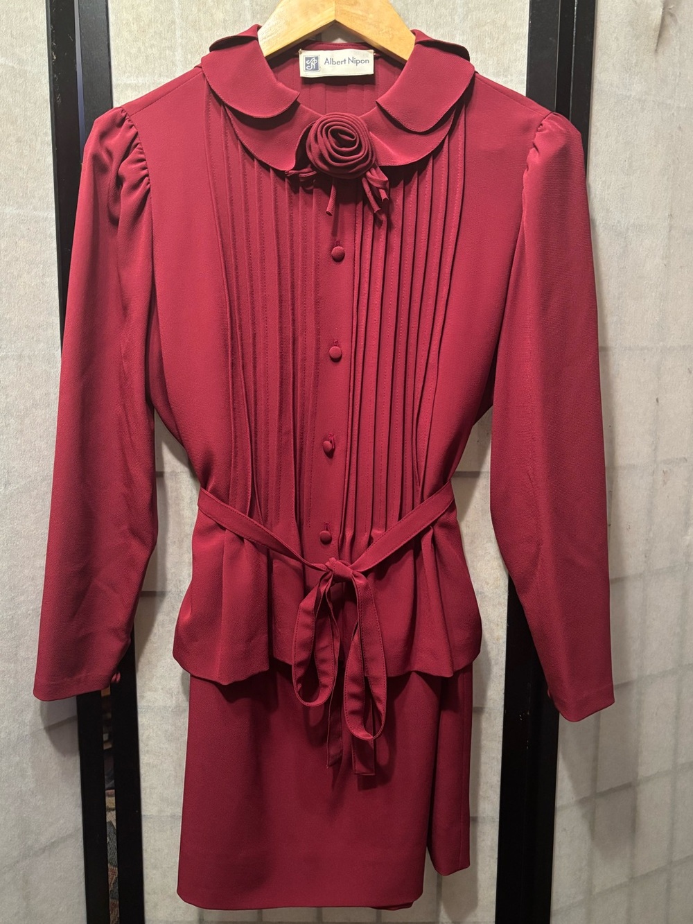 ALBERT NIPON Pleated Button Front Blouse & Skirt Set with Rose Accent - Burgundy